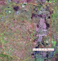 Satellite image of Rietspruit with the study area outlined in red (Landsat April 1998 image, band 5=Red 4=Green 3=Blue)